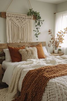 Bedroom wall adorned with a woven tapestry in warm, autumnal colors. Boho Autumn Decor, Fall Bedding Bedrooms, Modern Farmhouse Bedrooms, Fall Bedroom Ideas, Halloween Bedroom Decor, Fall Bedroom Decor, Neutral Bedroom Decor, Cozy Fall Bedroom, Aesthetic Apartment