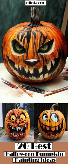 two pumpkins with faces painted on them