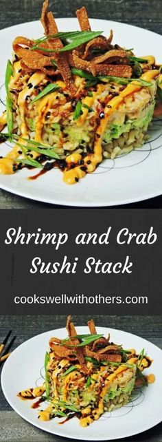 two plates with food on them and the words shrimp and crab sushi stack