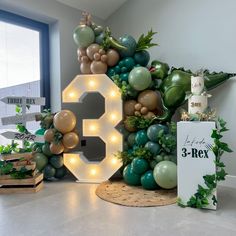 the number 5 is surrounded by balloons and greenery