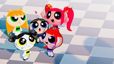 the powerpuff girls are standing on a checkered floor