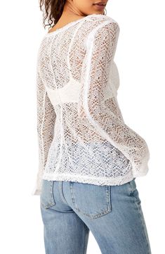 This full-of-charm top is crafted from lovely lace with airy side vents. 25 1/2" length (size Medium) Jewel neck Long sleeves 96% polyester, 4% elastane Hand wash, line dry Imported Feminine Long Sleeve Open Knit Top, Pointelle Knit Lace Top With Long Sleeves, Chic Lace Top For Beach, Chic Lace Top For The Beach, Summer Beach Tops With Lace Sleeves, Chic Lace Top For Vacation, Chic Spring Tops With Delicate Lace, Spring Lace Mesh Top For Layering, Elegant Open Knit Top For Layering