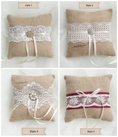 four different pillows with lace on them and ribbons tied around the edges, along with ribbon