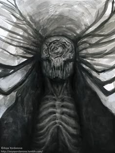 a drawing of a skeleton with large wings