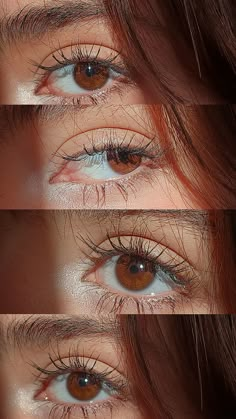 three different views of the same person's eye with long lashes and brown eyes