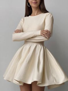 Plain Pleated Sweater Short Dress Long Sleeve Short Length Dress, Elegant Long Sleeve Wedding Dress Short, Casual Short Winter Wedding Dress, Long Sleeves Dress Short, Short Elegant Fall Dresses, Long Sleeved Dresses Short, Long Sleeved Dress Short, Dresses Short Winter, Off White Mini Dress For Fall