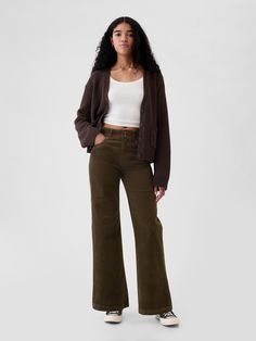 Fit: Fitted in the waist & hips with a full-length, relaxed wide leg.  Fabric: 75% Cotton, 18% Rayon, 5% Recycled Cotton, 2% Stretch.  ​ Stretch: Low Stretch Pants.  Our most comfortable authentic denim.  Holds you in at the hips & waist but feels easy everywhere else.  Rise: High Rise Pants.  Look: A five-pocket pant in soft corduroy.  Details: Double button closure, zip fly & five-pocket styling. ​ Responsibly Made: This pair of pants is part of our water-saving Washwell program.  Compared with conventional wash methods, Washwell uses at least 20% less water and has saved over a billion liters of water since 2016.  Our High Rise Pant has an 11" 28 cm) rise. ​ Fitted through the hip.  Relaxed, wide leg.  Full-length pant.  24" 61 cm) leg opening.  Models wearing Gap Casual Plaid Pants Outfit, Dark Brown Corduroy Pants Outfit, Wide Leg Corduroy Pants Outfit, Jean Essentials, Black Corduroy Pants Outfit, Brown Wide Leg Pants Outfit, Brown Corduroy Pants Outfit, Brown Wide Leg Pants, Thrifting Ideas