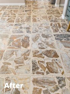 before and after photos of a stone floor in a home's entryway area