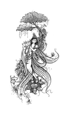 an ink drawing of a woman with long hair holding a tree in her hands and standing under