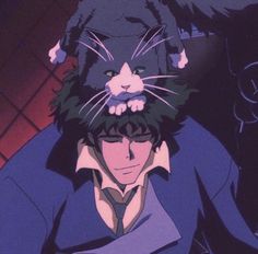 an anime character with a cat on his head