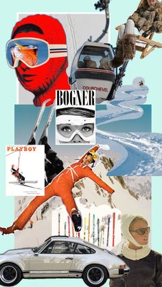 collage of skiers, snowboarders and cars