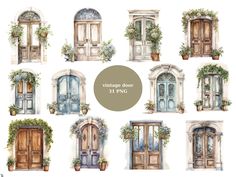 watercolor doors and windows with plants on them