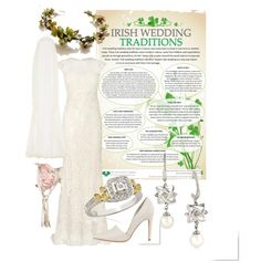 a wedding dress and accessories are arranged on a poster for the irish bride's guide