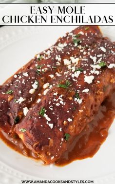 an enchiladas recipe is shown on a white plate