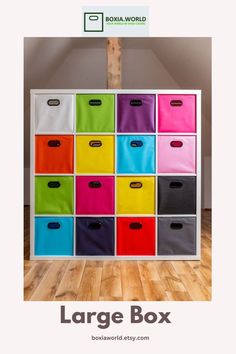 the large storage box is multicolored with different bins