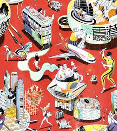 an illustration of people eating and drinking at different places in the world, including buildings