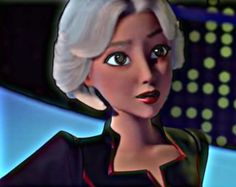 an animated woman with white hair and blue eyes