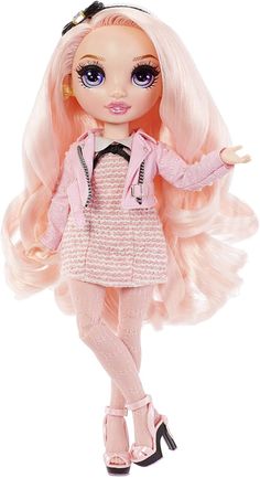 a doll with long blonde hair and blue eyes wearing a pink jacket, white dress and black shoes