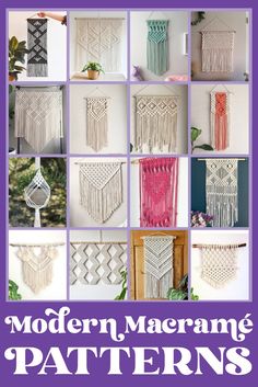 the cover of modern macramg patterns is shown with pictures of macramg wall hangings