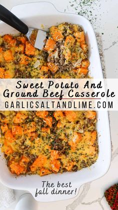 sweet potato and ground beef casserole in a white dish with text overlay