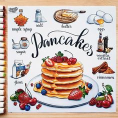 a drawing of pancakes on a plate with berries and other foods around it that are labeled in english