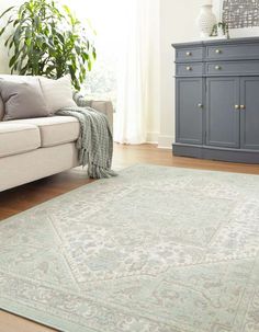 a living room with a white couch and blue cabinet next to a large green rug