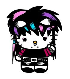 a drawing of a cat with colorful hair and piercings on it's ears