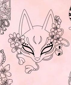 a drawing of a cat with flowers on it's head and other things around it