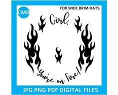 the girl you're on fire logo is shown in blue and white with black flames