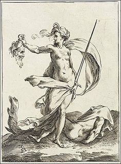 an old drawing of a man holding a spear and a bird in his hand, with another figure behind him