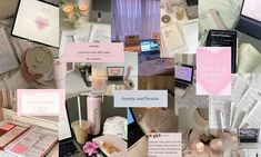 a collage of photos with pink and white items on them, including laptops