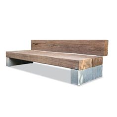 a wooden bench with metal legs on a white background