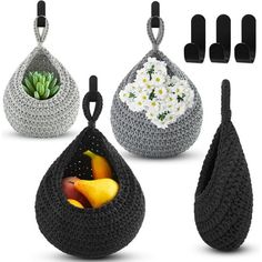 three crocheted bags with handles and hooks, one has fruit in it the other has succulents