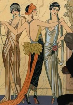 three women in art deco clothing standing next to each other and one woman holding an umbrella