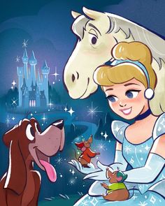 the princess and her dog are talking to each other in front of a castle at night