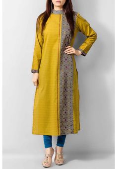 Gorgeous and such a sexy look - Yellow krta and leggings Yellow Kurti, Yellow Kurta, Embroidery Painting, Kurta Patterns