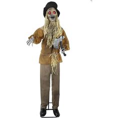 a scarecrow with long blonde hair and red eyes is standing on a white background