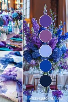 the table is set with purple and blue flowers in vases, napkins, and place settings