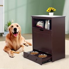 a golden retriever laying on the floor next to a dog food dispenser