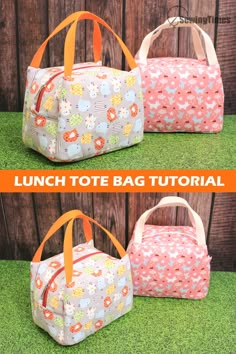 the lunch tote bag sewing pattern is shown in three different colors and sizes, including pink