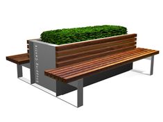 a wooden bench with a planter on top of it next to a metal sign