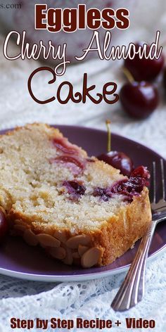 an eggless cherry almond cake on a purple plate