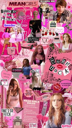 the collage shows many different types of women's clothing and accessories, including pink