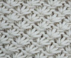 close up view of the crochet stitch pattern on a sweater or blanket, with white yarn