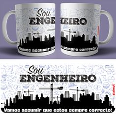 two white coffee mugs with the words sou engenieria on them and an image of a city