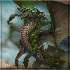 a painting of a green dragon with its mouth open