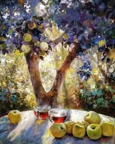 an oil painting of apples and two cups on a table with trees in the background