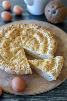 a pie on a plate with eggs around it