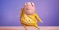 a cartoon pig in a gold outfit is standing on one leg