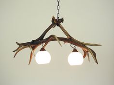 two light fixtures with antlers hanging from them